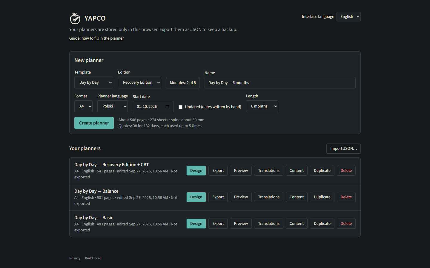 The dashboard with the new-planner form and three planners