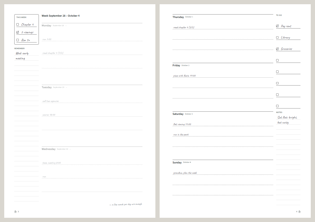 A week spread of Week by Week, with the example filling